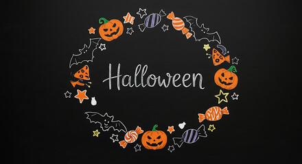 Festive Halloween Circular Wreath Design with Pumpkin, Bats, Candy, and Stars on a Chalkboard Background