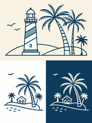 Obraz premium Minimilist illustration of a lighthouse and palm trees on a tropical island with a small house and birds flying vector