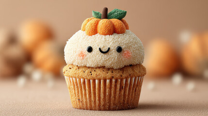 Cute pumpkin cupcake with smiling face and decorative frosting, perfect for autumn celebrations and festive occasions. This delightful treat brings joy and sweetness to any gathering