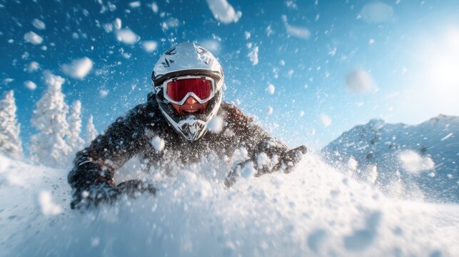 An adventurous individual in a helmet races through the snowy terrain, embodying the thrill of winter sports and the exhilarating rush of adrenaline in a dynamic and exciting environment.