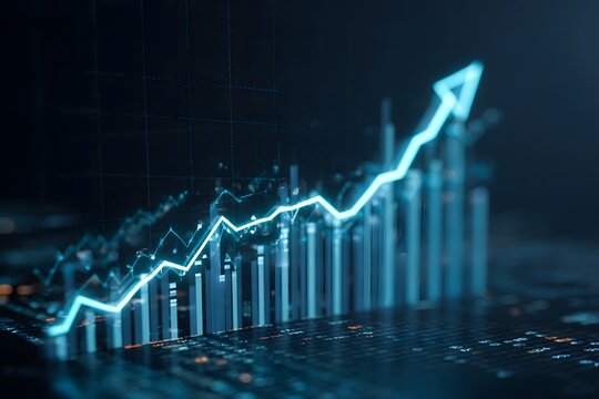 A stock market graph with blue and white lines, indicating an up trending line on the background of digital financial charts and graphs. 