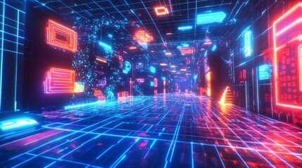 Fototapeta premium Exploring a cyberspace grid environment virtual realm digital art neon lights futuristic perspective