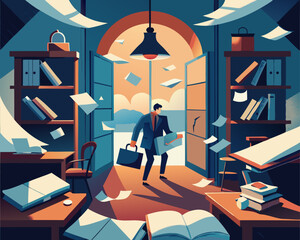 colorful illustration of a locked study where papers blow around