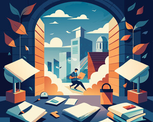 colorful illustration of a locked study where papers blow around
