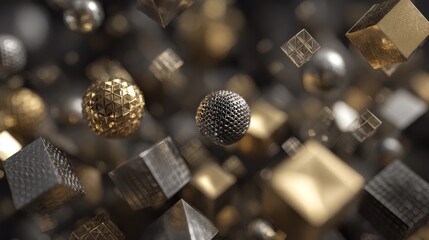 Abstract floating gold and silver geometric shapes background