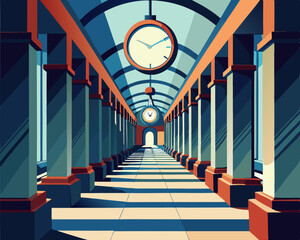 colorful illustration of a long hallway with hanging clock