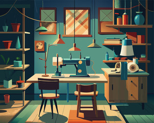 colorful illustration of a old sewing room