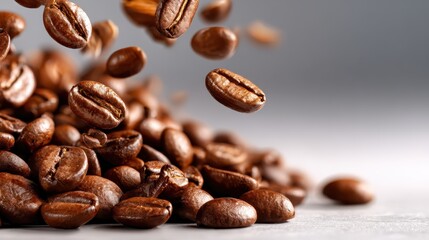 Naklejka premium An enticing arrangement of freshly roasted coffee beans scattered artistically, captured in motion to evoke a sense of warmth, richness, and the aroma of coffee culture.