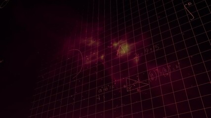Animation of mathematical equations over shapes on black background - Powered by Adobe