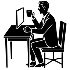 Fototapeta premium Man drinking coffee at desk vector