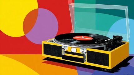 Vibrant flat illustration of a yellow vintage turntable with a black vinyl record, set against a colorful abstract background featuring circles and shapes, evoking a sense of nostalgia and musical enj