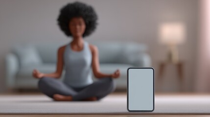 Woman meditating in lotus pose at home with blank tablet in foreground