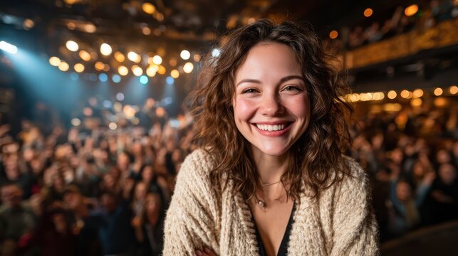 A young woman beams with joy against a backdrop of a lively concert crowd, radiating enthusiasm as she enjoys the electrifying atmosphere of live music.
