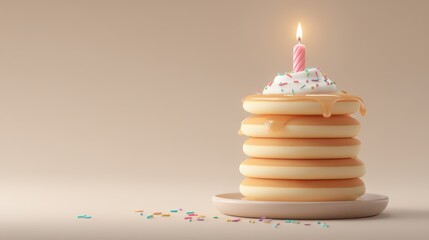 Stack of pancakes with candle on beige background