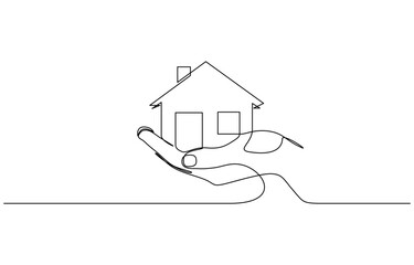 Continuous one line drawing of Hand holding a house vector illustration. Editable outline