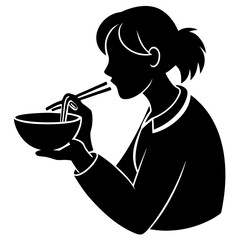 Person eating noodles with chopsticks black white