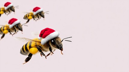 Bees wearing festive red Santa hats are flying through the air against a soft pastel background, creating a whimsical and playful holiday atmosphere with a touch of humor and creativity