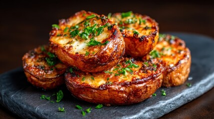 An appetizing view of golden roasted potatoes adorned with green herbs, showcasing a delightful and crispy exterior that hints at a delectable taste in every bite.