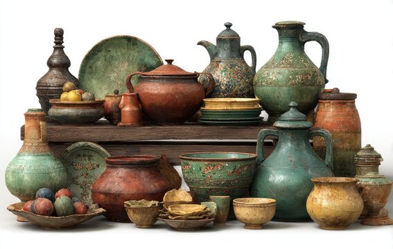 Vintage pottery collection on rustic wooden crate