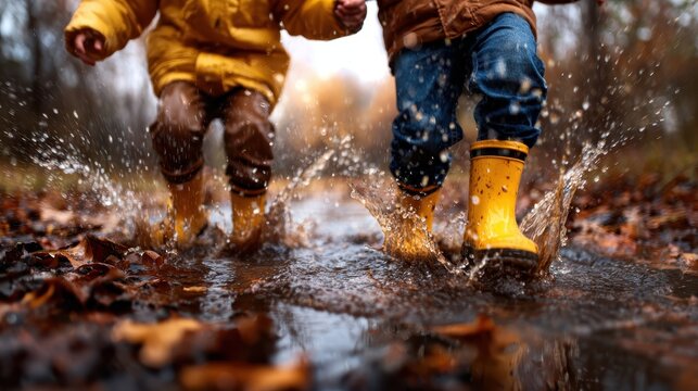 Two joyful children wearing bright yellow rain boots splash in a puddle among fallen autumn leaves, capturing the essence of carefree play and the beauty of nature.