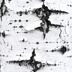 Close-up of birch tree bark with white peeling surface and dark natural markings