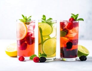 Three refreshing fruit-infused iced drinks,  raspberry, lime, and blackberry, garnished with mint