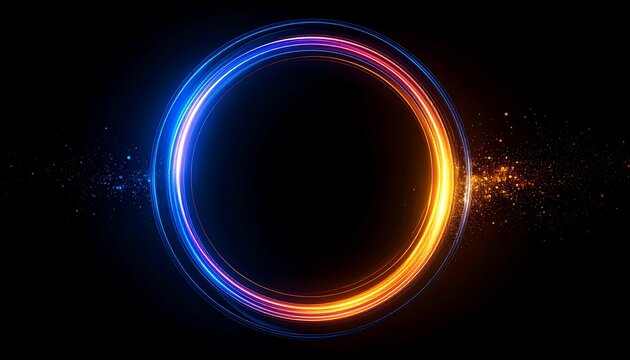Abstract circular graphic with vibrant glowing rings and scattered particles