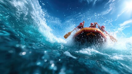 A group of adventurers paddles vigorously in a rafting boat, overcoming powerful waves, encapsulating the thrill and challenge of water sports in a dynamic outdoor adventure setting.
