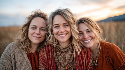 Obraz premium Three joyful women share a warm smile in a natural outdoor setting, highlighting friendship and connection against the backdrop of a beautiful sunset.