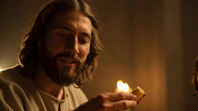 Man breaks bread at Last Supper with Christ and apostle. Biblical scene of Jesus Christ&rsquo;s final meal with his disciples footage.