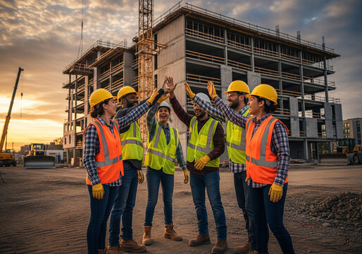 Successful multicultural construction crew giving a group high-five in front of a new building project at dusk