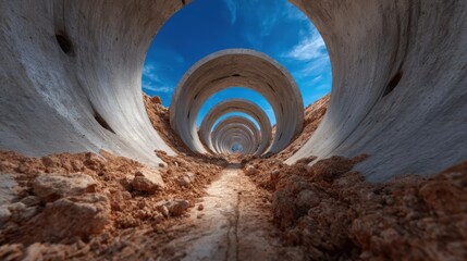 This image showcases a series of concrete pipes leading into a bright blue sky, creating a unique perspective on urban infrastructure and the raw beauty of industrial design.
