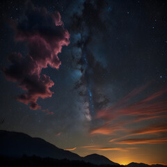 Naklejka premium Northern lights glowing over the mountains at sunset