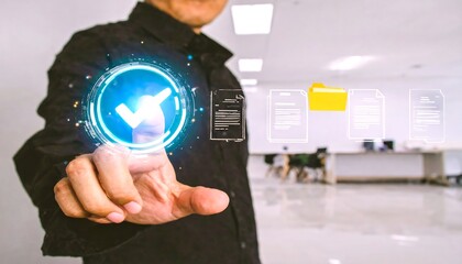 A person interacts with a holographic checkmark overlayed on documents
