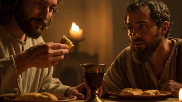 Man dips bread into wine glass, the last supper of Jesus Christ and his disciples. Biblical times and sacred tradition footage.