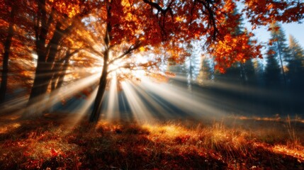 Obraz premium An enchanting forest bathed in golden autumn light, with sunlight breaking through the trees, creating a magical atmosphere filled with warmth and tranquility.