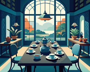 colorful illustration of a dining room with tea set on the table