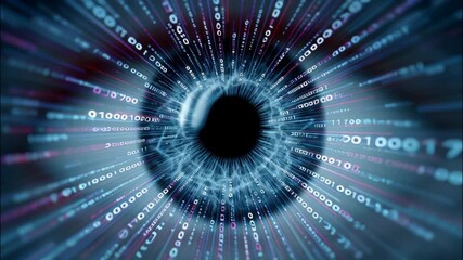 Holographic model of an eye that moves quickly through binary code. Technology of human identification by the retina. - Powered by Adobe