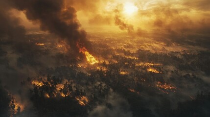 Fototapeta premium Forest fire engulfing dry woodlands aerial view of nature's fury at sunset