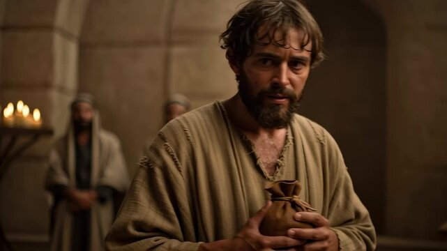 Man holding bag of silver coins, betrayal of Jesus Christ by Judas in biblical times concept footage.