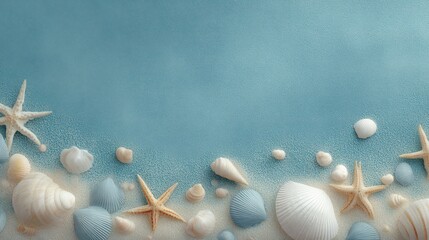 Seashells and starfish on blue background with sand