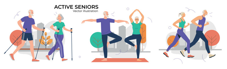 Elderly people doing outdoor fitness activities. Active seniors walking with poles, practicing yoga, and jogging together in the park. Healthy lifestyle and happy retirement concept. Vector