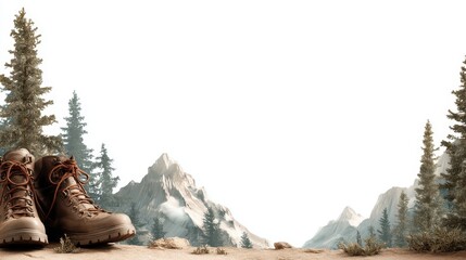 Hiking boots with mountain landscape background