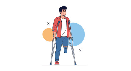 Man with prosthetic leg walking on crutches with colorful circles in background illustrating movement and rehabilitation journey towards recovery