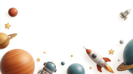  solar system border with planets, rocket, and astronaut on white background