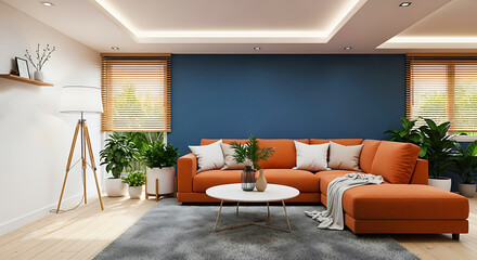 Cozy Living Room Interior with Rusty Sofa, Blue Wall, Wooden Floor & Plants – 3D Modern Home Design Render