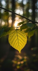 Obraz premium A vibrant, yellowish-green leaf hangs delicately from a branch, bathed in golden sunlight filtering through a forest canopy.