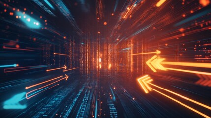 Obraz premium Dynamic futuristic digital background with moving arrows in a virtual space environment for modern technology concepts