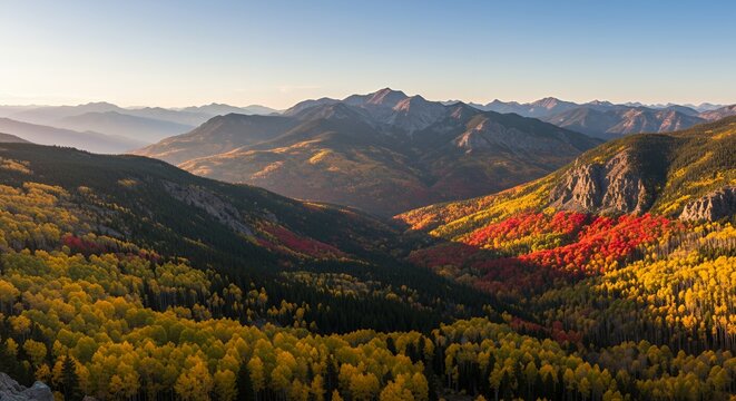 Autumnal vista of a mountain valley with vibrant fall foliage.