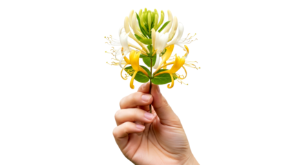 a gentle hand offering honeysuckle fragrant blooms, delicate gesture, symbol of sweetness, isolated on transparent background